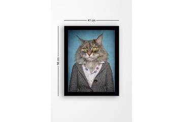 Inramad Canvastavla i trä - 41x56 cm - Katt med mänsklig klädsel och uttryckande ansiktsdrag - Grå / Blå / Gul - Inredning - Tavlor & posters - Canvastavla