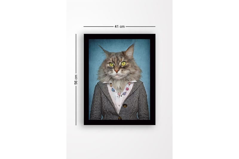 Inramad Canvastavla i trä - 41x56 cm - Katt med mänsklig klädsel och uttryckande ansiktsdrag - Grå / Blå / Gul - Inredning - Tavlor & posters - Canvastavla