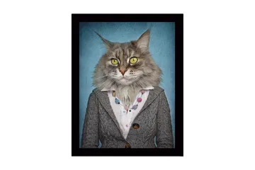 Inramad Canvastavla i trä - 41x56 cm - Katt med mänsklig klädsel och uttryckande ansiktsdrag - Grå / Blå / Gul - Inredning - Tavlor & posters - Canvastavla