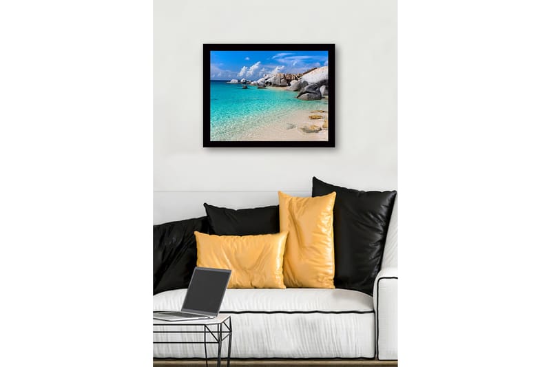Inramad Canvastavla i trä - 41x56 cm - Klarblått hav med stora klippor och sandstrand - Turkos / Vit / Grå - Inredning - Tavlor & posters - Canvastavla