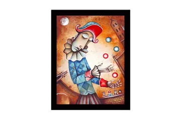 Inramad Canvastavla i trä - 41x56 cm - Klown som jonglerar med färgglada bollar - Röd / Blå / Beige - Inredning - Tavlor & posters - Canvastavla