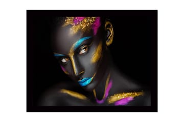 Inramad Canvastavla i trä - 41x56 cm - Konstverk med en kvinna med färgglad ansiktsmålning - Svart / Blå / Guld - Inredning - Tavlor & posters - Canvastavla