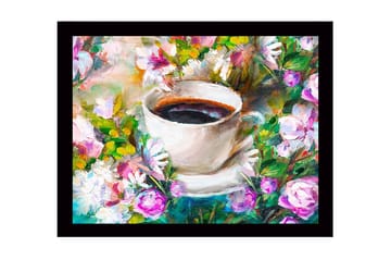 Inramad Canvastavla i trä - 41x56 cm - Kopp med kaffe omgiven av färgglada blommor - Lila / Grön / Vit - Inredning - Tavlor & posters - Canvastavla
