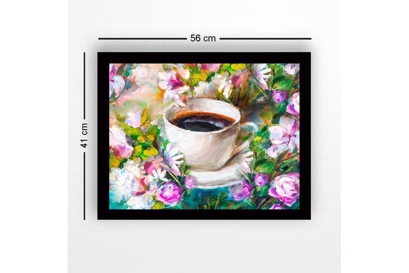 Inramad Canvastavla i trä - 41x56 cm - Kopp med kaffe omgiven av färgglada blommor - Lila / Grön / Vit - Inredning - Tavlor & posters - Canvastavla