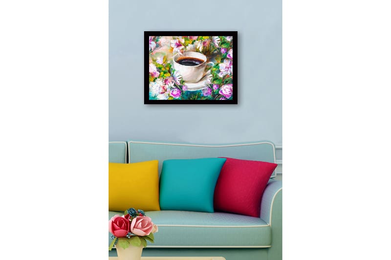 Inramad Canvastavla i trä - 41x56 cm - Kopp med kaffe omgiven av färgglada blommor - Lila / Grön / Vit - Inredning - Tavlor & posters - Canvastavla