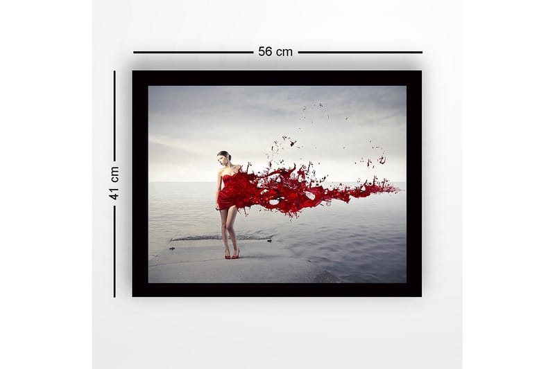 Inramad Canvastavla i trä - 41x56 cm - Kvinna i röd klänning med flödande röda färgpartiklar - Röd / Grå - Inredning - Tavlor & posters - Canvastavla