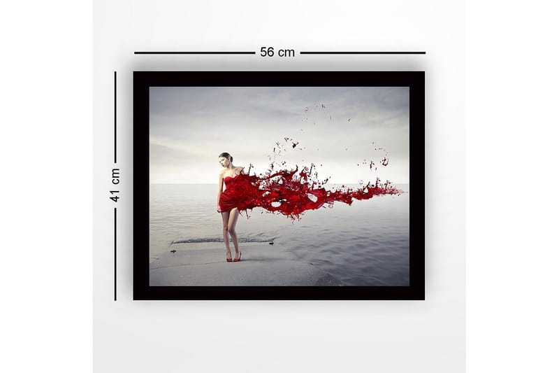 Inramad Canvastavla i trä - 41x56 cm - Kvinna i röd klänning med flödande röda färgpartiklar - Röd / Grå - Inredning - Tavlor & posters - Canvastavla