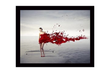 Inramad Canvastavla i trä - 41x56 cm - Kvinna i röd klänning med flödande röda färgpartiklar - Röd / Grå - Inredning - Tavlor & posters - Canvastavla
