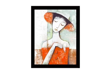 Inramad Canvastavla i trä - 41x56 cm - Kvinna med hatt som håller ett glas i en färgglad komposition - Röd / Vit / Grön - Inredning - Tavlor & posters - Canvastavla