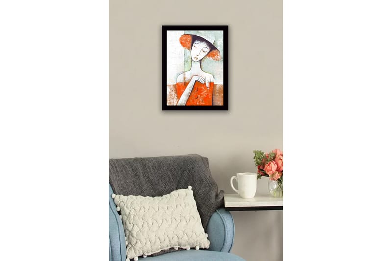 Inramad Canvastavla i trä - 41x56 cm - Kvinna med hatt som håller ett glas i en färgglad komposition - Röd / Vit / Grön - Inredning - Tavlor & posters - Canvastavla