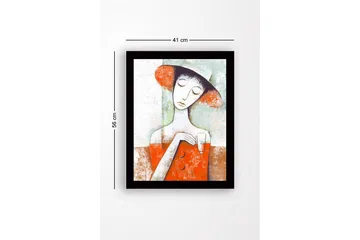 Inramad Canvastavla i trä - 41x56 cm - Kvinna med hatt som håller ett glas i en färgglad komposition - Röd / Vit / Grön - Inredning - Tavlor & posters - Canvastavla