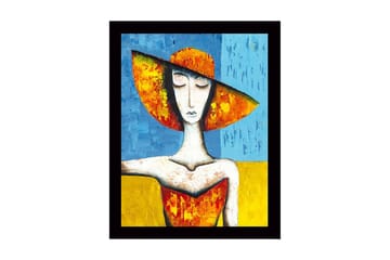 Inramad Canvastavla i trä - 41x56 cm - Kvinna med stor hatt i starka färger - Orange / Blå / Gul - Inredning - Tavlor & posters - Canvastavla