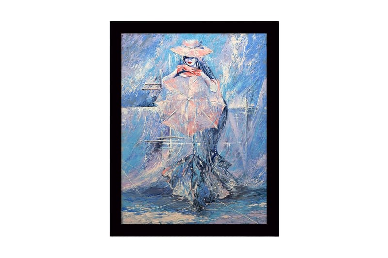 Inramad Canvastavla i trä - 41x56 cm - Kvinna med parasoll i en drömlik, blå miljö, Blå / Rosa / Vit
