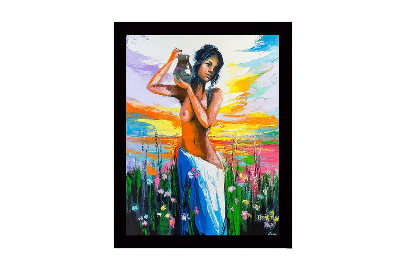Inramad Canvastavla i trä - 41x56 cm - Kvinna som bär en kruka i en färgglad landskapsmiljö, Orange / Grön / Blå