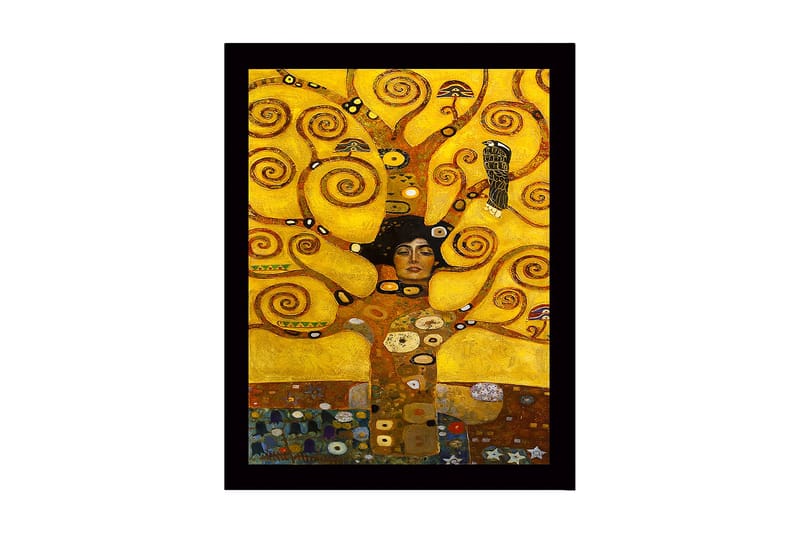 Inramad Canvastavla i trä - 41x56 cm - Kvinnlig gestalt omgiven av snurrande trädgrenar och symboliska element, Guld / Brun / Svart