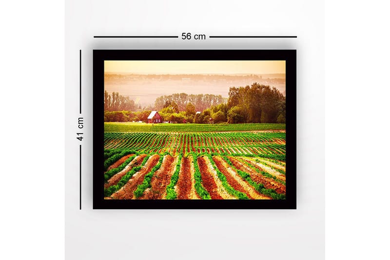Inramad Canvastavla i trä - 41x56 cm - Lantlig scen med ett rött hus omgiven av gröna fält och plöjda åkrar - Grön / Orange / Röd - Inredning - Tavlor & posters - Canvastavla