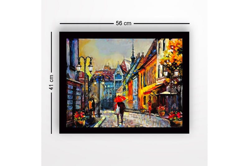Inramad Canvastavla i trä - 41x56 cm - Livlig gata med människor och paraplyer i en stadsmiljö - Gult / Rött / Blått - Inredning - Tavlor & posters - Canvastavla