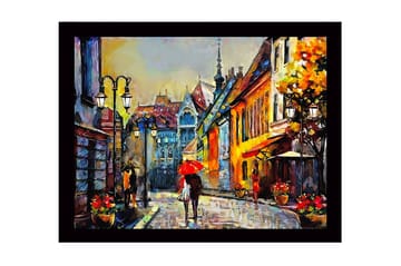 Inramad Canvastavla i trä - 41x56 cm - Livlig gata med människor och paraplyer i en stadsmiljö - Gult / Rött / Blått - Inredning - Tavlor & posters - Canvastavla