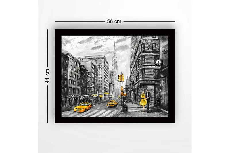 Inramad Canvastavla i trä - 41x56 cm - Livlig stadsbild med en kvinna i gul klänning och gula taxibilar - Gul / Svart / Grå - Inredning - Tavlor & posters - Canvastavla