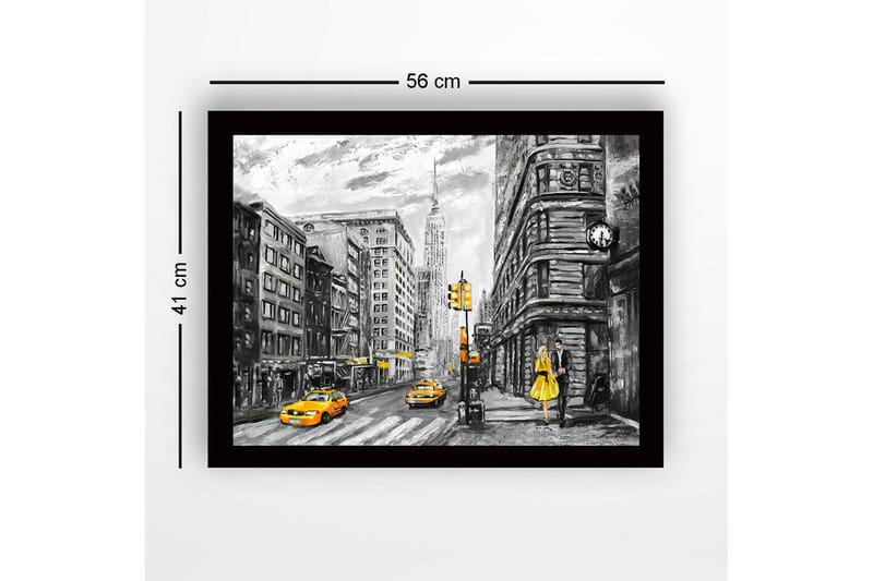 Inramad Canvastavla i trä - 41x56 cm - Livlig stadsbild med en kvinna i gul klänning och gula taxibilar - Gul / Svart / Grå - Inredning - Tavlor & posters - Canvastavla