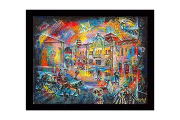 Inramad Canvastavla i trä - 41x56 cm - Livlig stadsbild med människor i historiska kläder och hästdragna vagnar - Blå / Röd / Gul - Inredning - Tavlor & posters - Canvastavla