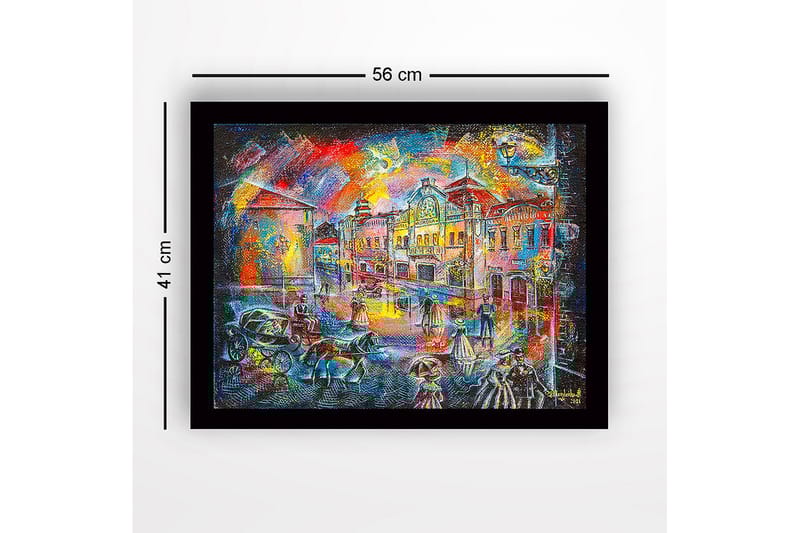 Inramad Canvastavla i trä - 41x56 cm - Livlig stadsbild med människor i historiska kläder och hästdragna vagnar - Blå / Röd / Gul - Inredning - Tavlor & posters - Canvastavla