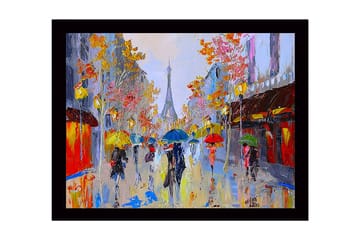 Inramad Canvastavla i trä - 41x56 cm - Livlig stadsbild med människor som bär paraplyer i regnet - Gult / Blått / Rött - Inredning - Tavlor & posters - Canvastavla