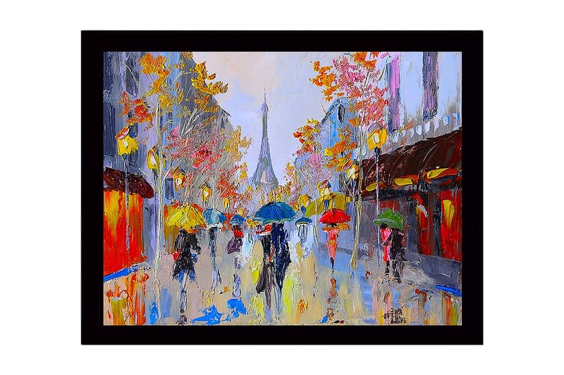 Inramad Canvastavla i trä - 41x56 cm - Livlig stadsbild med människor som bär paraplyer i regnet, Gult / Blått / Rött