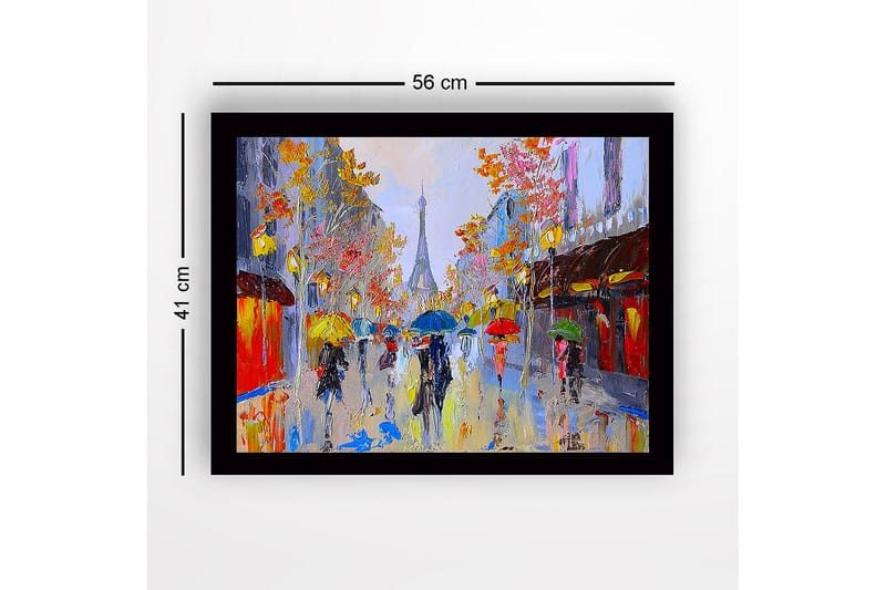 Inramad Canvastavla i trä - 41x56 cm - Livlig stadsbild med människor som bär paraplyer i regnet - Gult / Blått / Rött - Inredning - Tavlor & posters - Canvastavla