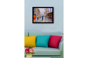 Inramad Canvastavla i trä - 41x56 cm - Livlig stadsbild med människor som bär paraplyer i regnet - Gult / Blått / Rött - Inredning - Tavlor & posters - Canvastavla