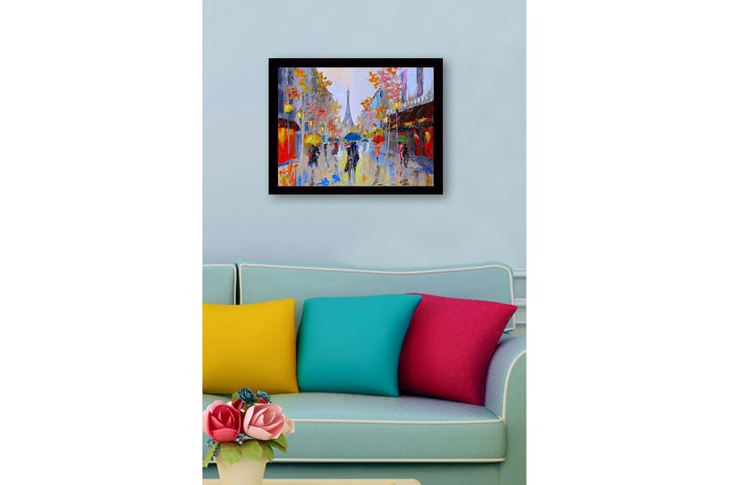 Inramad Canvastavla i trä - 41x56 cm - Livlig stadsbild med människor som bär paraplyer i regnet - Gult / Blått / Rött - Inredning - Tavlor & posters - Canvastavla