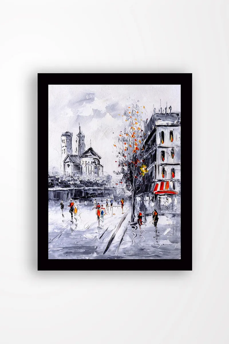 Inramad Canvastavla i trä - 41x56 cm - Livlig stadsbild med människor som promenerar i en höstlig miljö, Grå / Orange / Röd