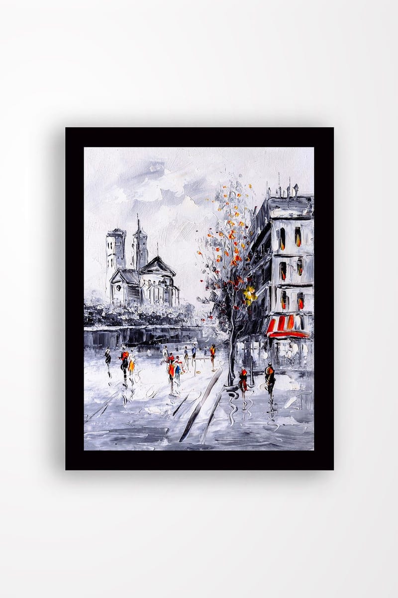 Inramad Canvastavla i trä - 41x56 cm - Livlig stadsbild med människor som promenerar i en höstlig miljö, Grå / Orange / Röd