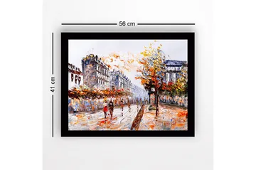 Inramad Canvastavla i trä - 41x56 cm - Livlig stadsbild med människor som promenerar under höstträd - Orange / Blå / Grå - Inredning - Tavlor & posters - Canvastavla