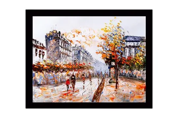 Inramad Canvastavla i trä - 41x56 cm - Livlig stadsbild med människor som promenerar under höstträd - Orange / Blå / Grå - Inredning - Tavlor & posters - Canvastavla