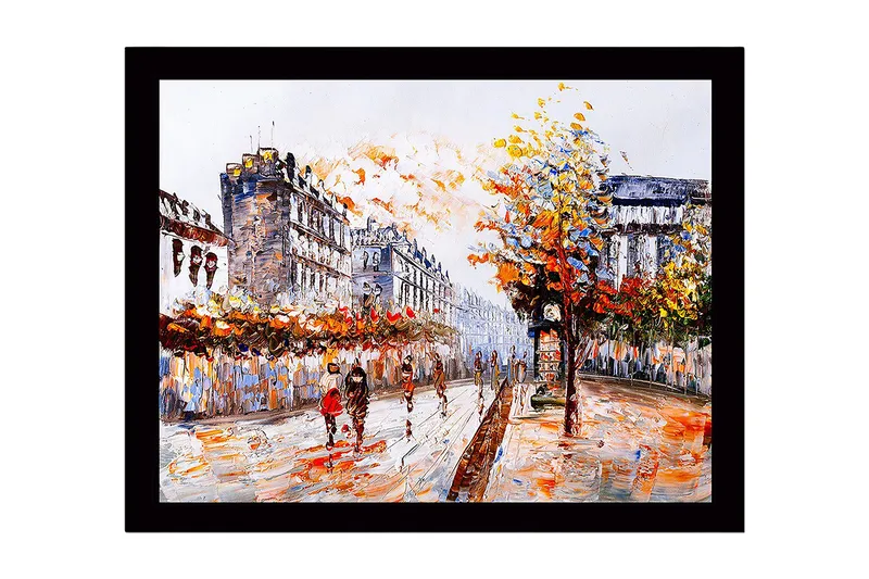 Inramad Canvastavla i trä - 41x56 cm - Livlig stadsbild med människor som promenerar under höstträd - Orange / Blå / Grå - Inredning - Tavlor & posters - Canvastavla