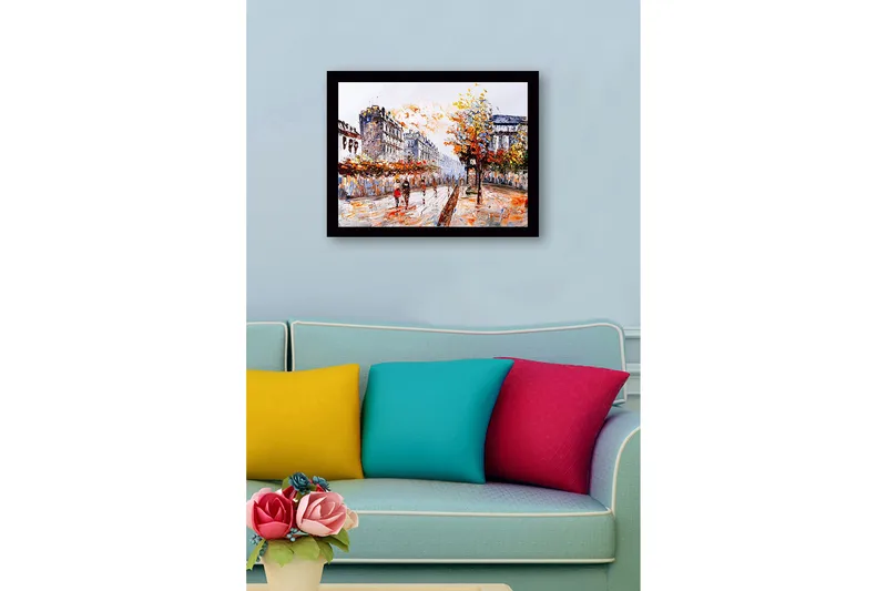 Inramad Canvastavla i trä - 41x56 cm - Livlig stadsbild med människor som promenerar under höstträd - Orange / Blå / Grå - Inredning - Tavlor & posters - Canvastavla