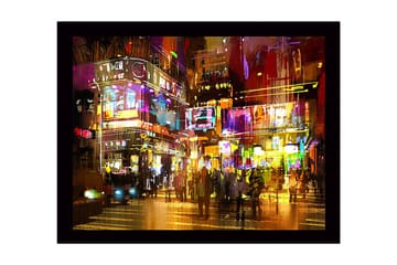 Inramad Canvastavla i trä - 41x56 cm - Livlig stadsscen med neonljus och människor i rörelse - Lila / Gult / Orange - Inredning - Tavlor & posters - Canvastavla