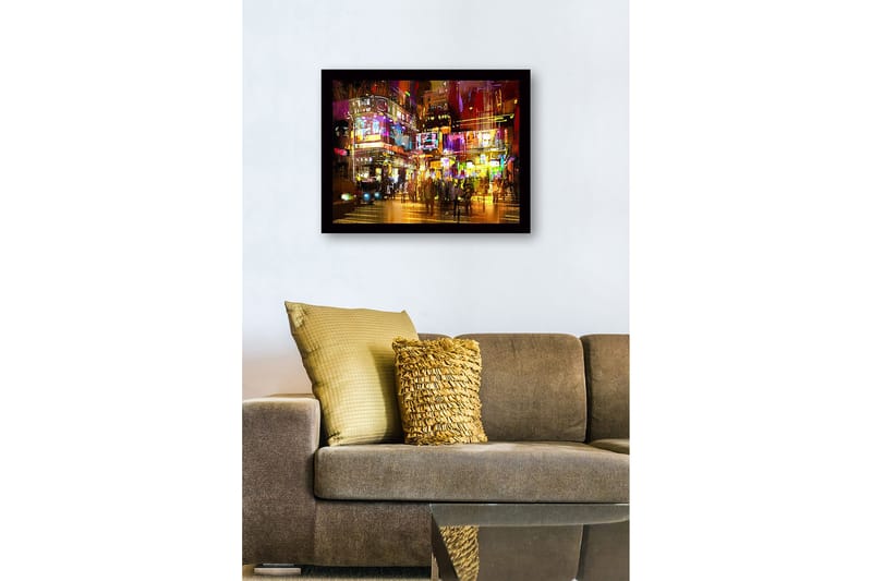 Inramad Canvastavla i trä - 41x56 cm - Livlig stadsscen med neonljus och människor i rörelse - Lila / Gult / Orange - Inredning - Tavlor & posters - Canvastavla