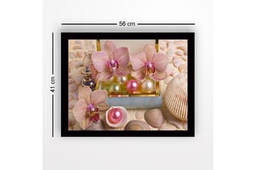 Inramad Canvastavla i trä - 41x56 cm - Ljuvliga orkidéer omgivna av pärlor och snäckor - Ljusrosa / Grön / Pärlvit - Inredning - Tavlor & posters - Canvastavla