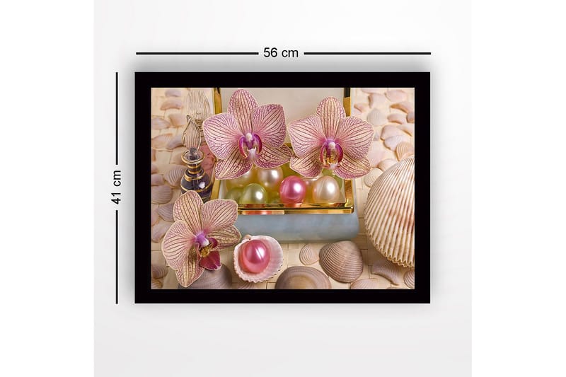 Inramad Canvastavla i trä - 41x56 cm - Ljuvliga orkidéer omgivna av pärlor och snäckor - Ljusrosa / Grön / Pärlvit - Inredning - Tavlor & posters - Canvastavla