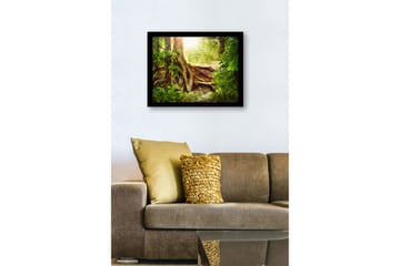 Inramad Canvastavla i trä - 41x56 cm - Lummig skog med en stor trädrot och solstrålar som sipprar genom lövverket - Grön / Brun / Gul - Inredning - Tavlor & posters - Canvastavla