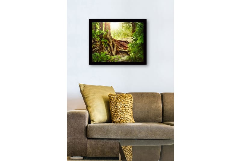 Inramad Canvastavla i trä - 41x56 cm - Lummig skog med en stor trädrot och solstrålar som sipprar genom lövverket - Grön / Brun / Gul - Inredning - Tavlor & posters - Canvastavla