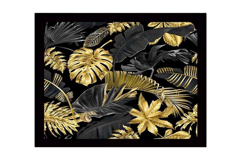 Inramad Canvastavla i trä - 41x56 cm - Lyxig samling av tropiska blad i guld och svart, Guld / Svart