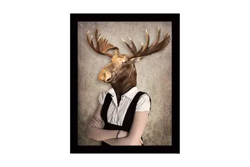 Inramad Canvastavla i trä - 41x56 cm - Människa med älghuvud i formell klädsel - Brun / Vit / Grå - Inredning - Tavlor & posters - Canvastavla
