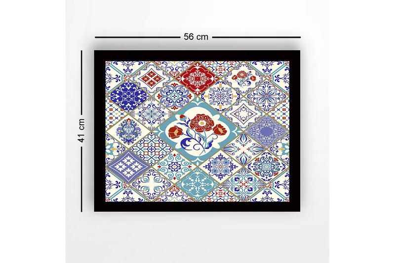 Inramad Canvastavla i trä - 41x56 cm - Mönstrad kakelkomposition med blommotiv och geometriska former - Blå / Röd / Vit - Inredning - Tavlor & posters - Canvastavla