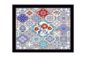 Inramad Canvastavla i trä - 41x56 cm - Mönstrad kakelkomposition med blommotiv och geometriska former - Blå / Röd / Vit - Inredning - Tavlor & posters - Canvastavla