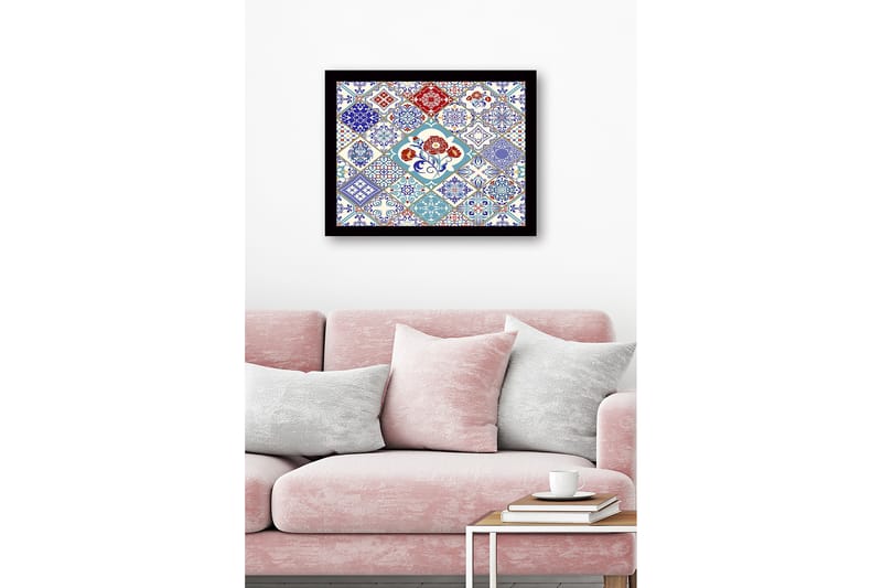 Inramad Canvastavla i trä - 41x56 cm - Mönstrad kakelkomposition med blommotiv och geometriska former - Blå / Röd / Vit - Inredning - Tavlor & posters - Canvastavla