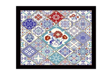 Inramad Canvastavla i trä - 41x56 cm - Mönstrad kakelkomposition med blommotiv och geometriska former - Blå / Röd / Vit - Inredning - Tavlor & posters - Canvastavla