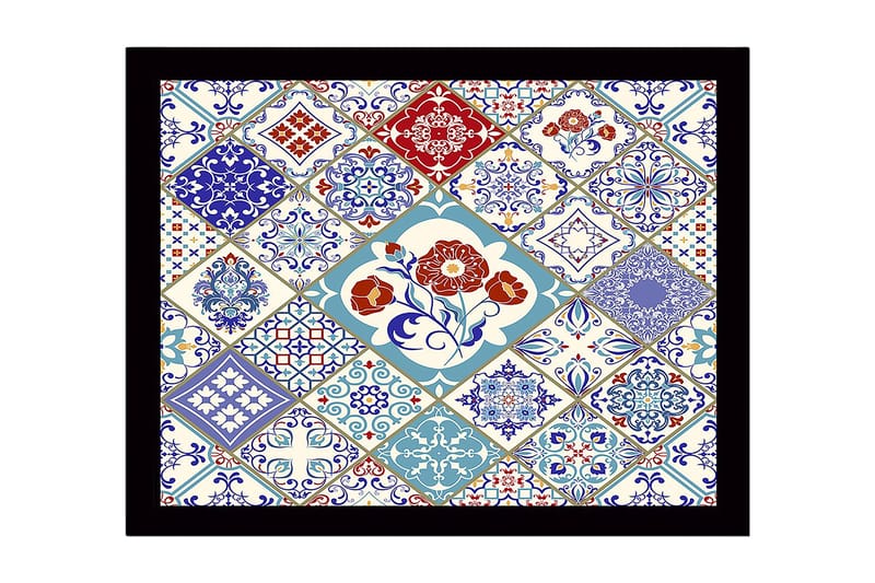 Inramad Canvastavla i trä - 41x56 cm - Mönstrad kakelkomposition med blommotiv och geometriska former, Blå / Röd / Vit